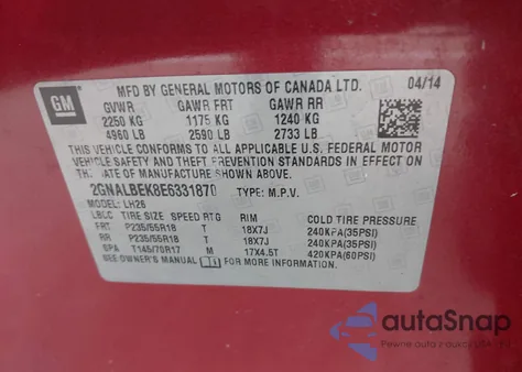 2014 Chevrolet Equinox 1Lt из США, поврежденный, VIN 2GNALBEK8E6331870